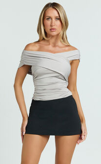 Annalisa Top - Gathered Off Shoulder Asymmetric Top in Pale Grey