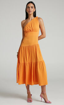 Celestia Midi Dress - Tiered One Shoulder Dress in Mango