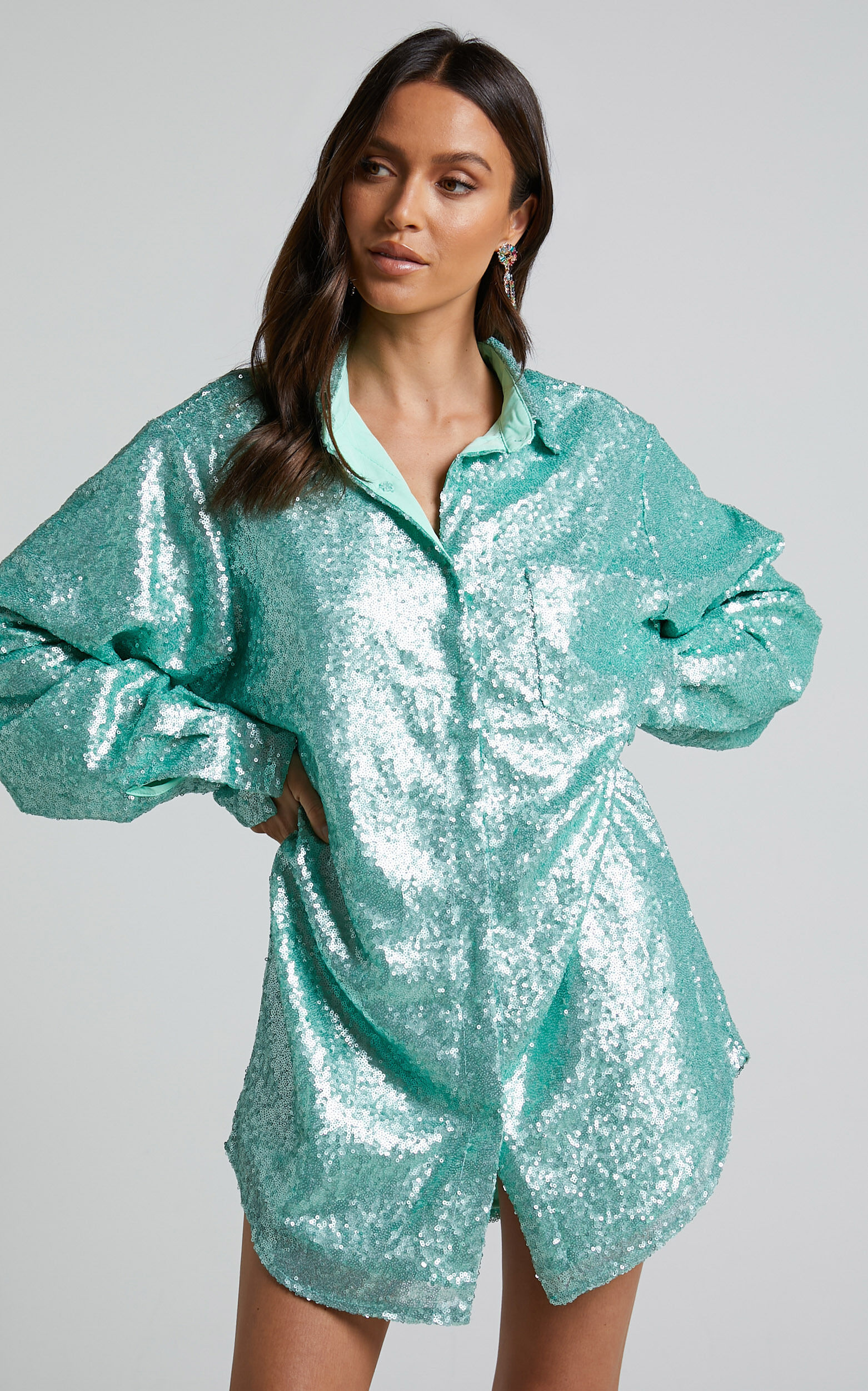 Sequin long sleeve shirt dress discount