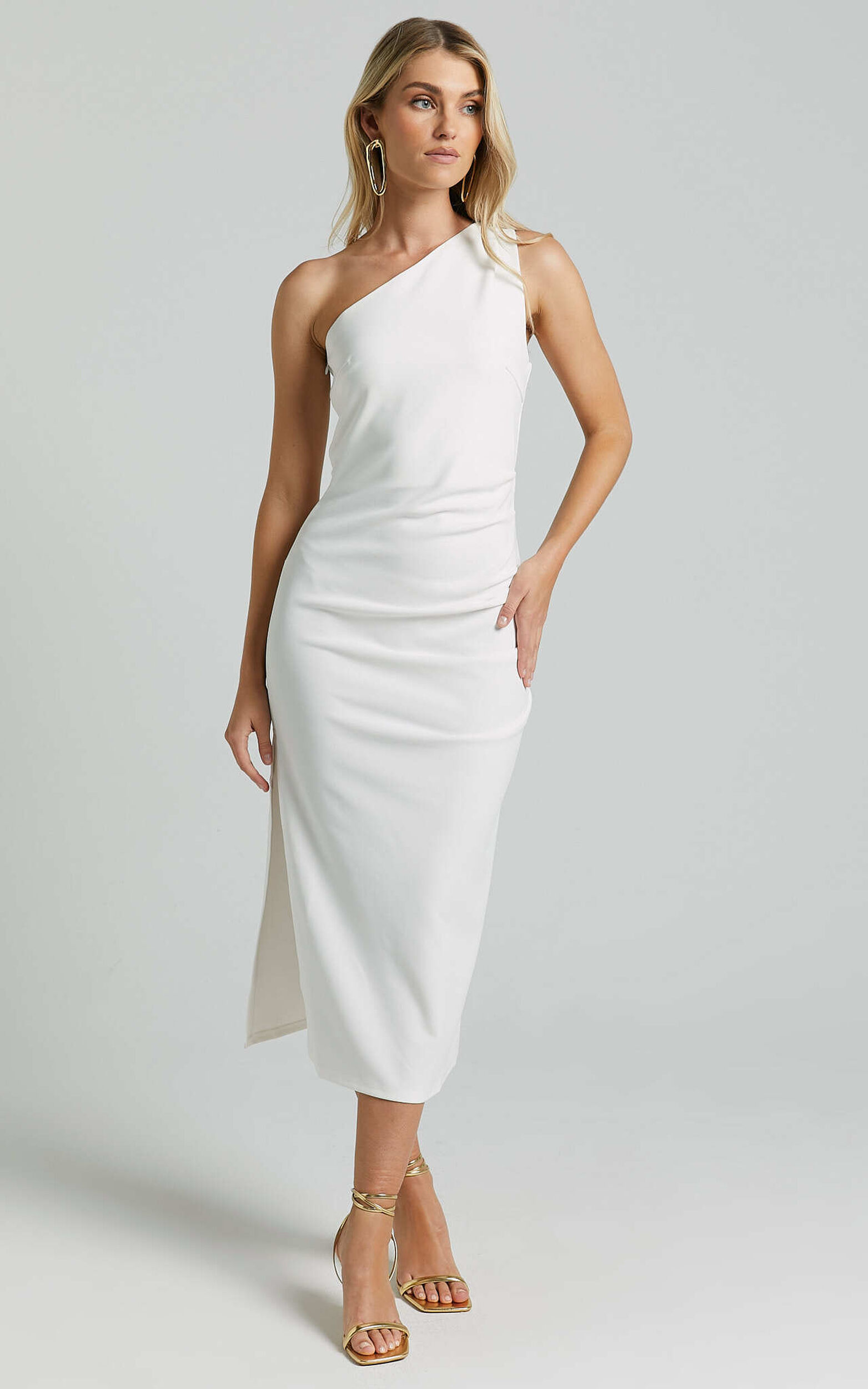 Monette Midi Dress - One Shoulder Straight Dress in White - 06, WHT1