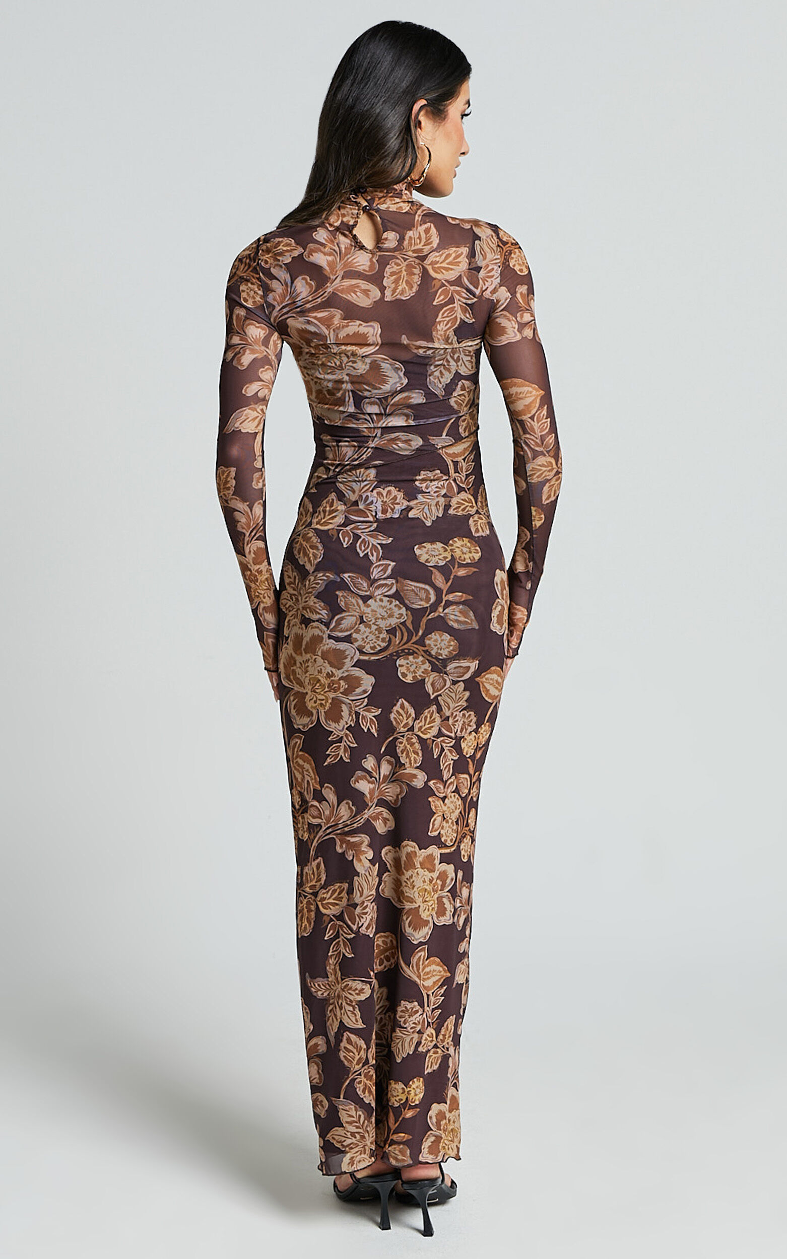 Vivian Midi Dress High Neck Long Sleeve Mesh Dress in Amber Bloom Print Showpo