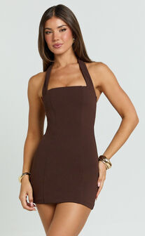 Zahra Mini Dress - Halter Tie Square Neck Bodycon Dress in Chocolate