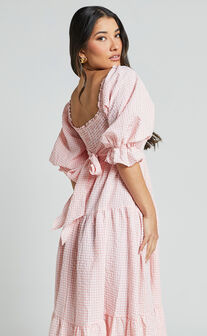 Darlene Midi Dress - Square Neck Long Sleeve Tiered Dress in Rose Gingham Check