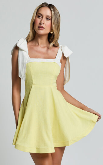 Kirsten Mini Dress Shoulder Tie Fit and Flare in Lemon No Brand Sale