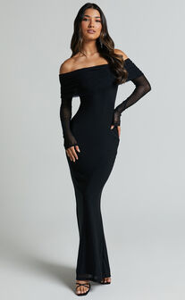 Bethanie Maxi Dress - Off The Shoulder Mesh Dress in Black