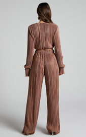 Aluna Two Piece Set - Plisse Twist Front Crop Top and Wide Leg Pants ...