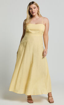 Brette Midi Dress - Linen Look Straight Neck Strappy Fit And Flare Dress in Lemon