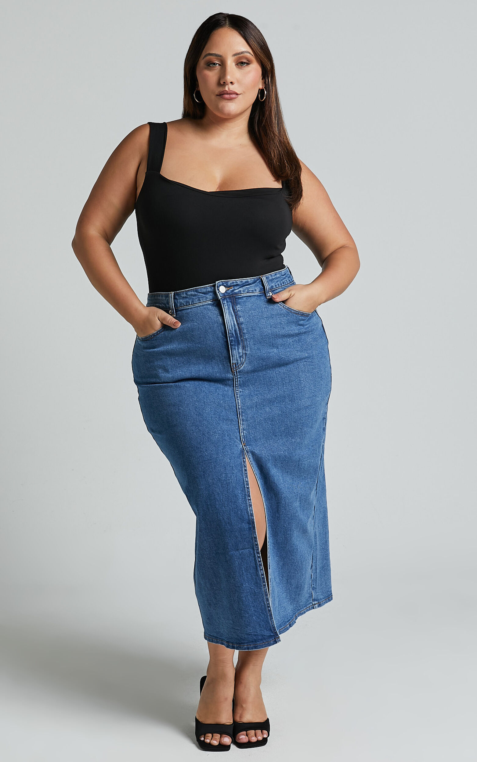 Anaya Midi Skirt Denim Skirt in Mid Blue Wash Showpo USA