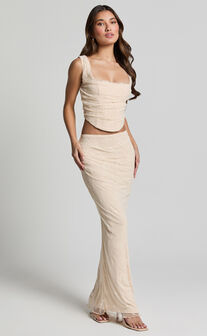 Eloise Two Piece Set - Lace Up Back Corset Top and Slip Skirt Lace Set in Champagne