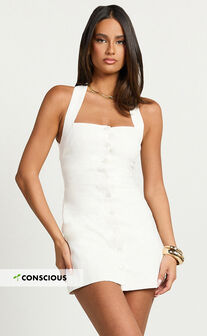 Ricki Mini Dress - Linen Look Halter Neck Shift Dress in White