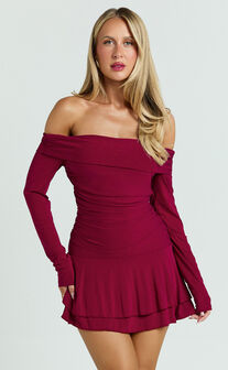 Reycee Mini Dress - Long Sleeve Off Shoulder Dress in Wine