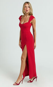 Gabrielle Maxi Dress - Cap Sleeve Sweetheart Neck Bodycon Dress in Red