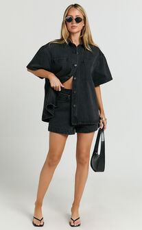 Rhianna Top - Oversized Recycled Denim Short Sleeve Shirt in Washed Black