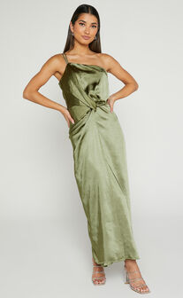 Estelle Midi Dress - One Shoulder Thigh Split Dress in Olive