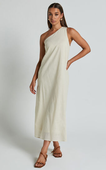 Shammae Midi Dress - One Shoulder Linen Sleeveless Dress in Beige