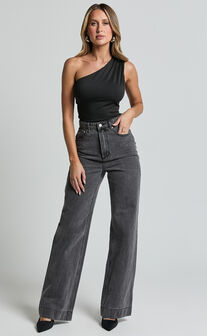 Evette Top - Jersey Gathered One Shoulder Top in Black