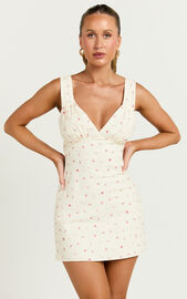 Amalea Mini Dress - Wide Strap Ruched Bust Dress in Lemon Floral | Showpo NZ
