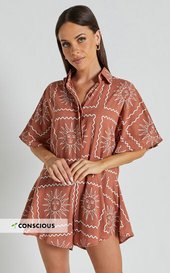 Amarie Playsuit  Short Sleeve Relaxed Button Up in Rust Sun Print