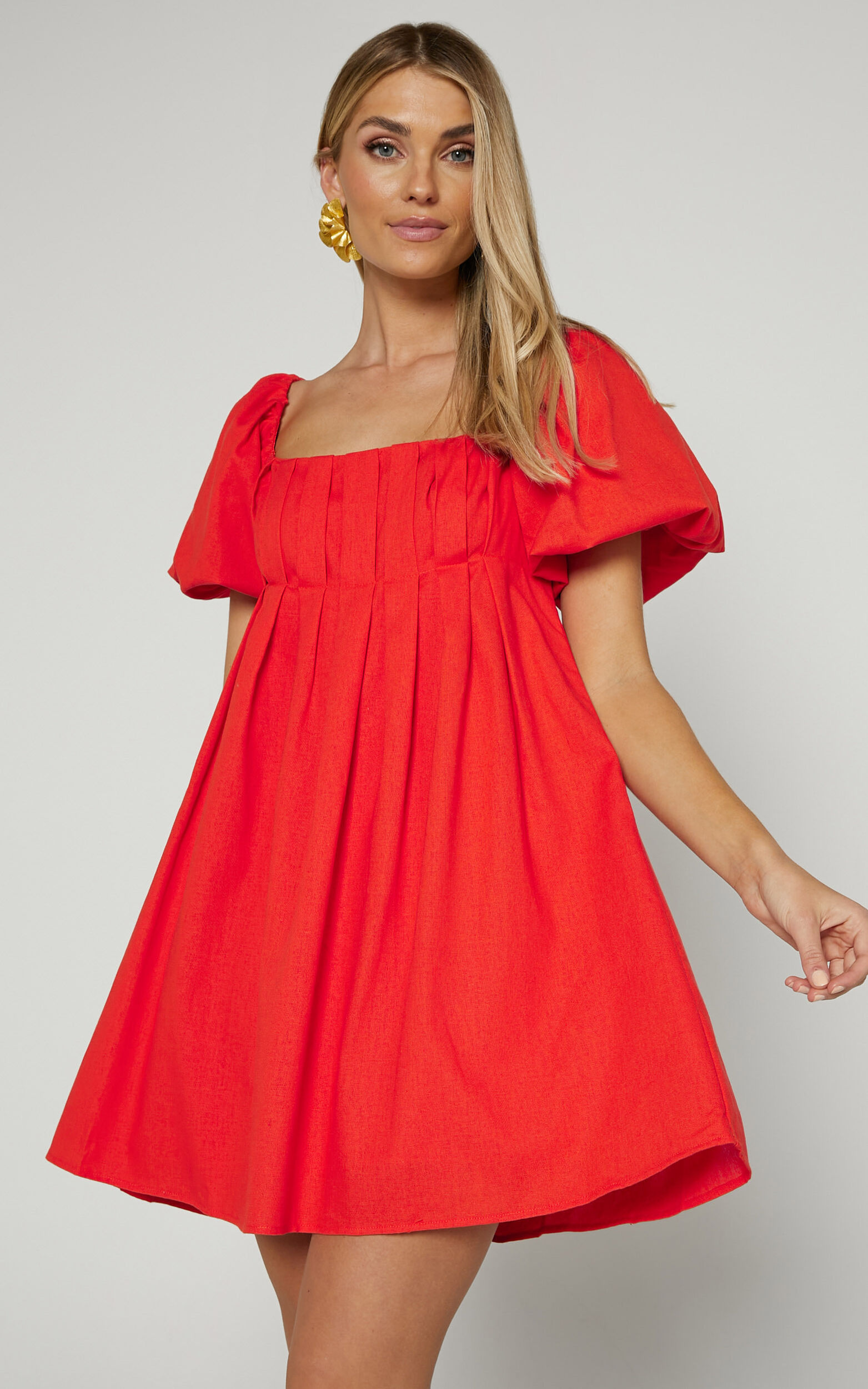 Angelica Mini Dress - Linen Look Puff Sleeves Dress in Red Orange - 06, ORG1
