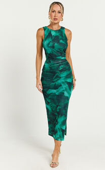 Loralie Midi Dress - Mesh High Neck Bodycon Dress in Green Floral Print
