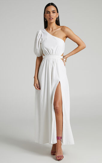 Cedie Midi Dress - One Shoulder Puff Sleeve Dress in White