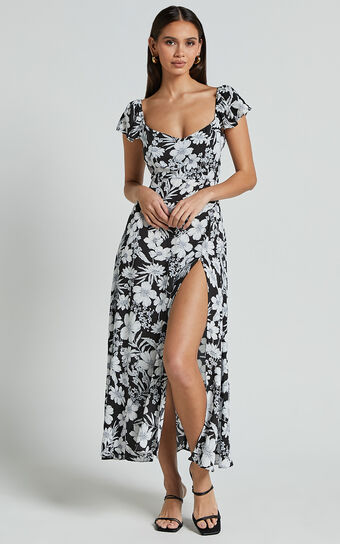 Donissa Midi Dress Thigh Split Flutter Sleeve in Black/White Print Showpo
