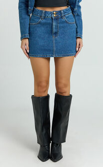 Pamela Mini Skirt - Low Rise Double Button Recycled Denim Skirt in Dark Blue Wash