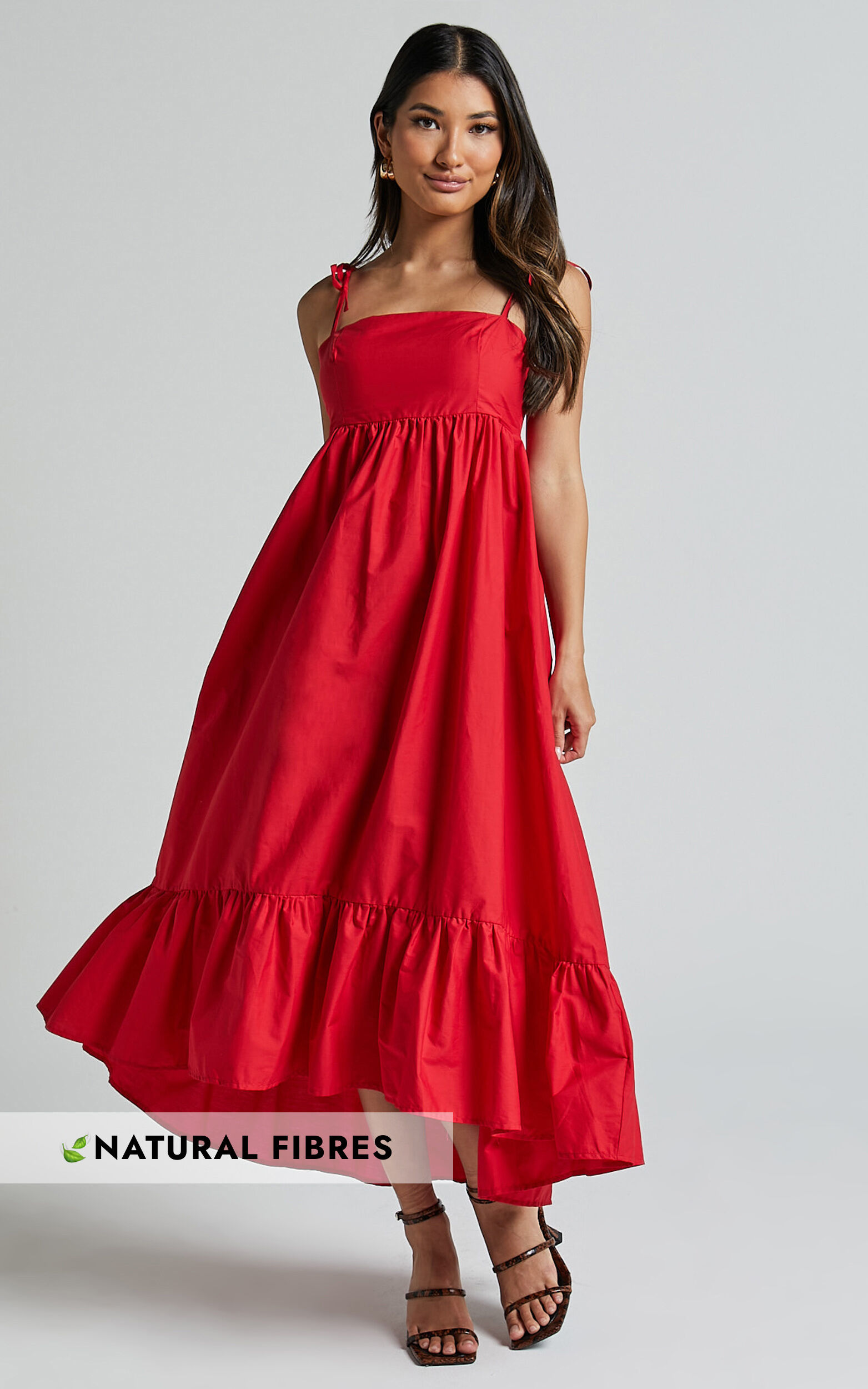Aveiro Midi Dress - Straight Neck Shoulder Tie High Low Ruffle Hem in Red - 04, RED1