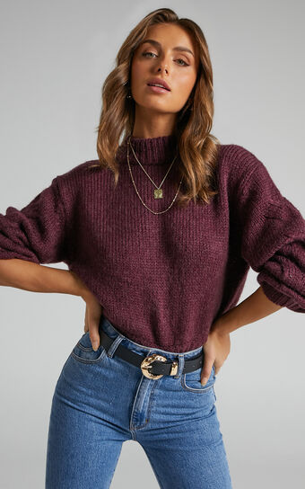 Zaphara Jumper - Cable Knit Sleeve High Neck Jumper in Merlot