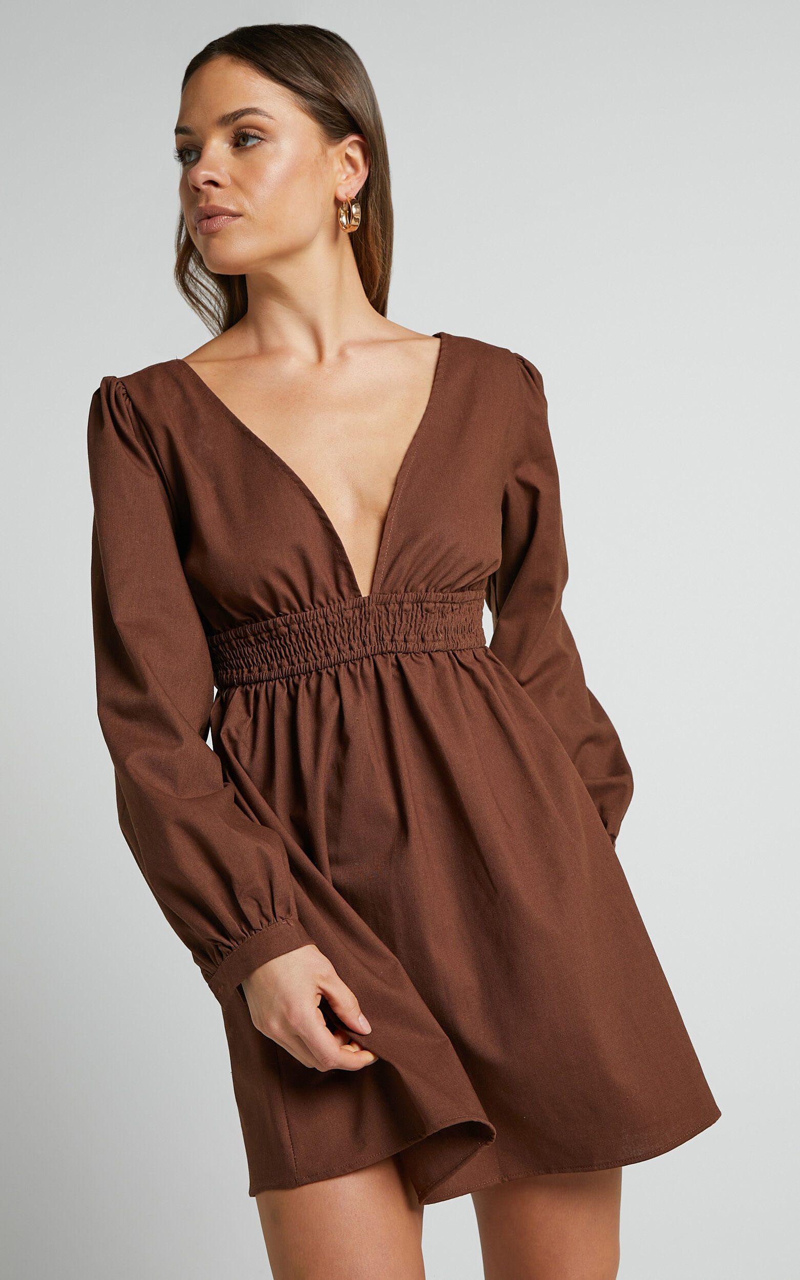 Lheya Mini Dress Long Sleeve Plunge Neckline A Line Dress in Beige Showpo EU