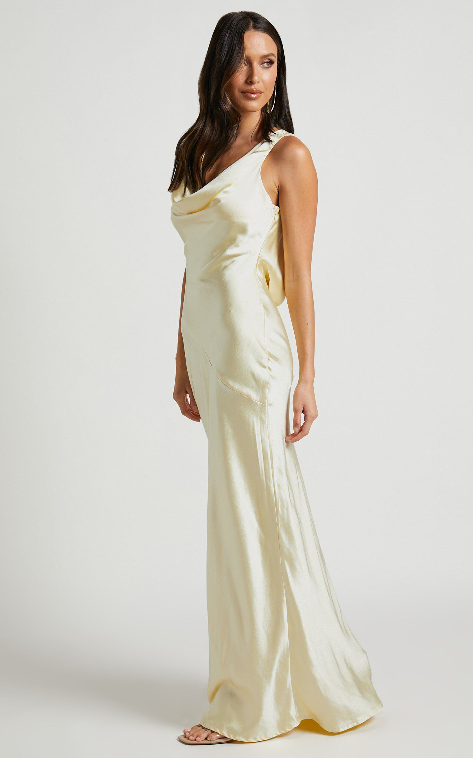 Adilah Maxi Dress Cowl Neck Satin Dress in Butter Yellow