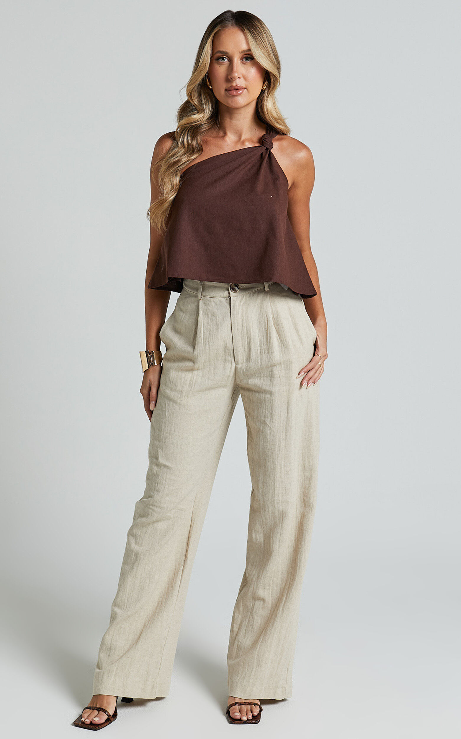 Analia Top Linen Look One Shoulder Knot Detail Top in Chocolate