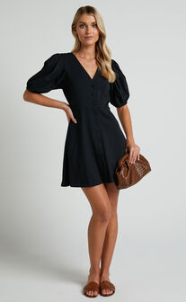 Rochelle Mini Dress - V Neck Button Through Dress in Black