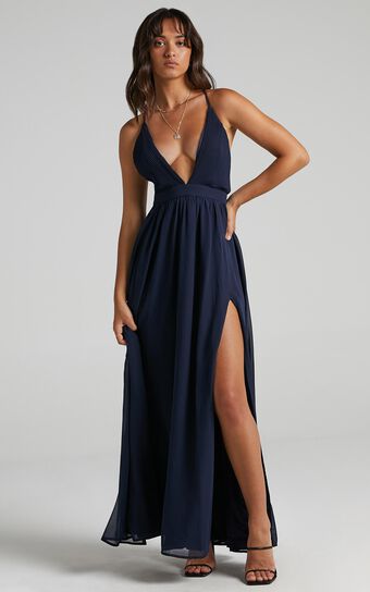 Shes A Delight Midi Dress - Plunge Thigh Split Dress in Navy