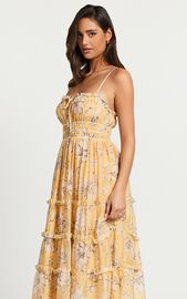 Fran Midi Dress - Ruched Tie Front Tiered Dress in Yellow Floral | Showpo