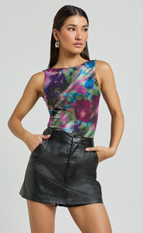 Farrah Top - Boat Neck Low Back Printed Mesh Top in Ethereal Iris Print