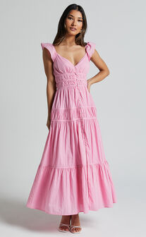 Addi Midi Dress - Button Front Plunge Neck Short Flutter Sleeve Tiered in Pink