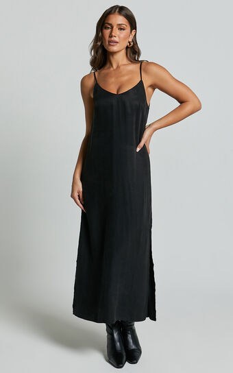 Kaeshia Midi Dress - Strappy V Neck Cupro Slip Dress in Black