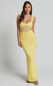 Adalee Midi Dress- Sheer Panel Ruched Bust Dress in Yellow