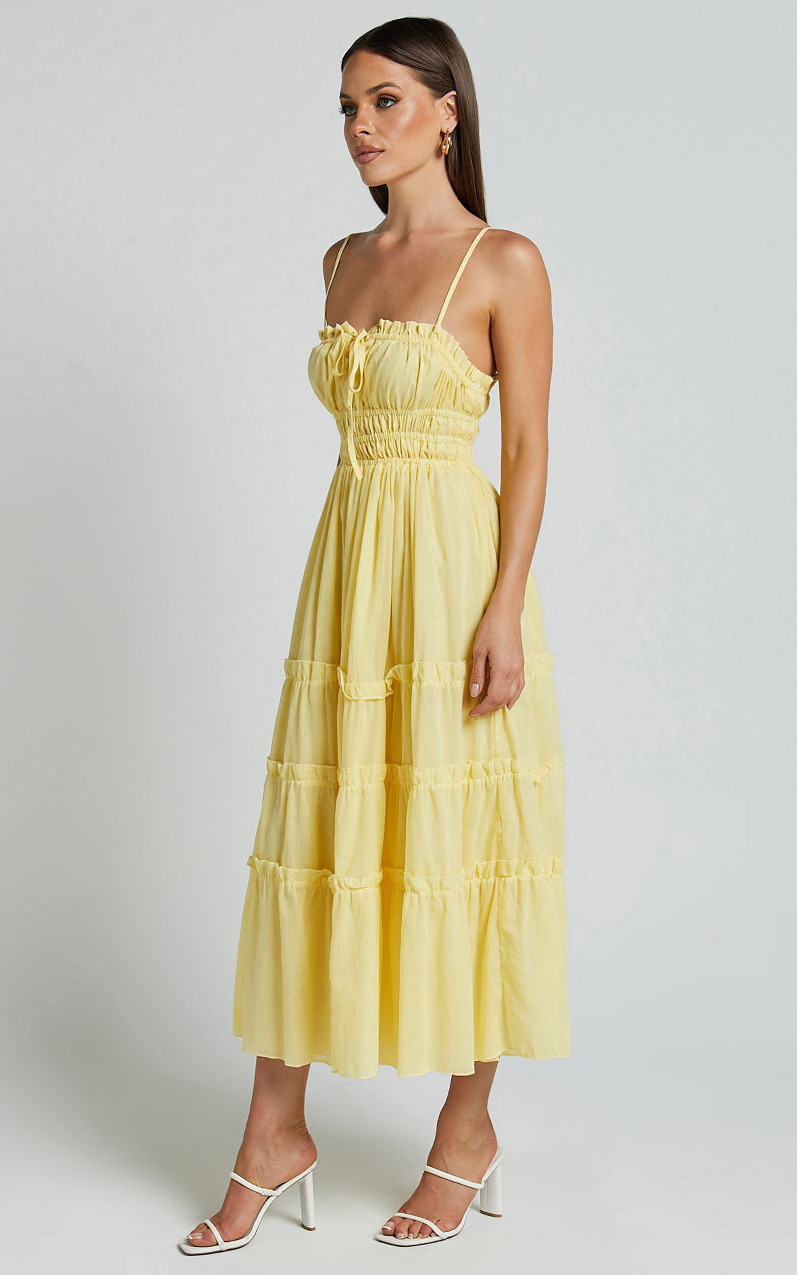 Schiffer Midi Dress Strappy Ruched Tie Front Tiered Dress in Yellow Showpo USA