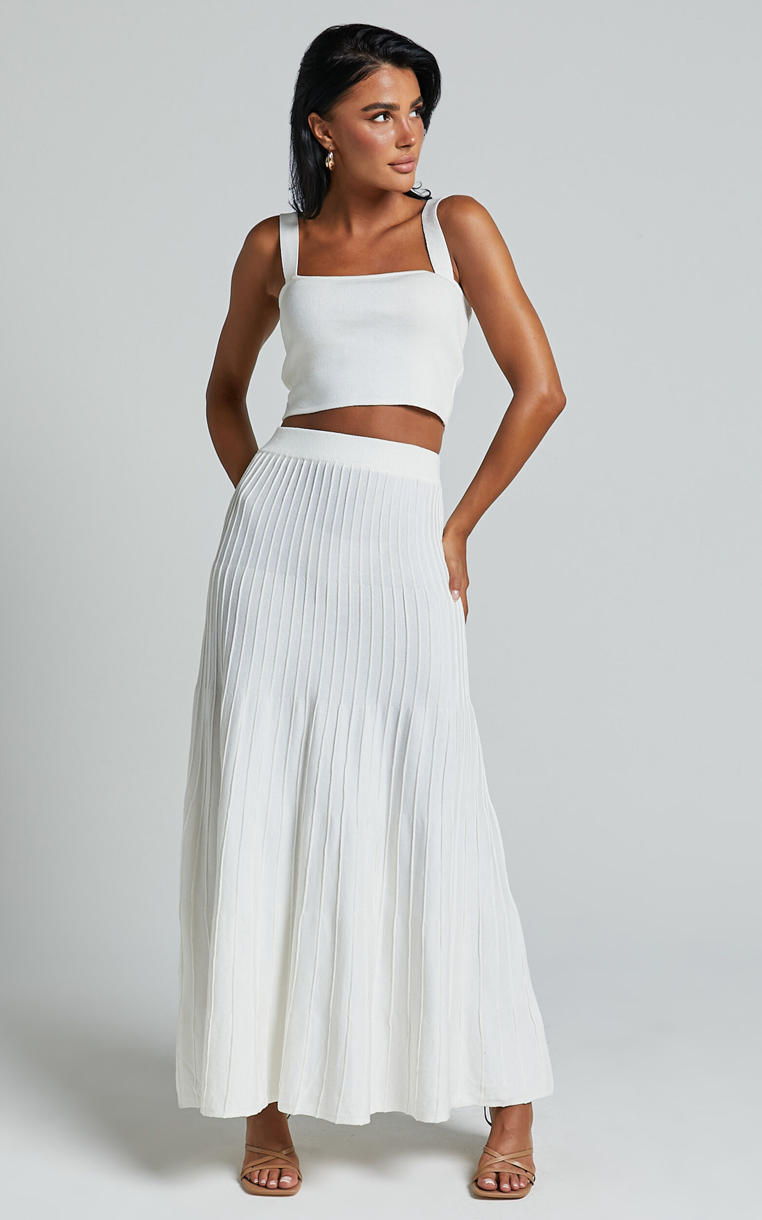 Cherylene Two Piece Set - Knitted Square Neck Crop Top and Midi Skirt Set in Off White - 06, WHT1
