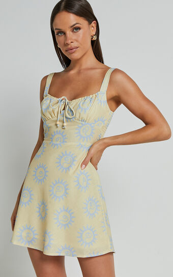 Davie Mini Dress - Sleeveless Tie Ruched Bust Shift Dress in Lemon