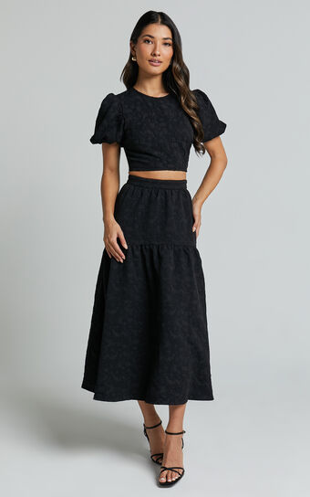 Leila Two Piece Set - Puff Sleeve Top and Midi Skirt Set in Black Showpo