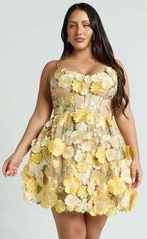 Amalie The Label - Mia Strappy Flower Detail Mini Dress in Yellow