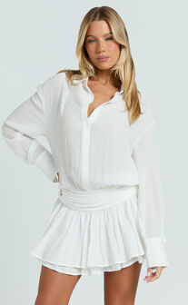 Edith Mini Dress - Long Sleeve Drop Waist Shirt Dress in White