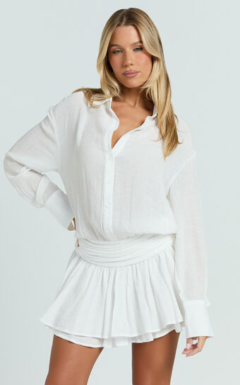 Edith Mini Dress - Long Sleeve Drop Waist Shirt Dress in White