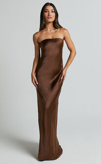 Charlita Maxi Dress - Strapless Cowl Back Satin Dress in Chocolate