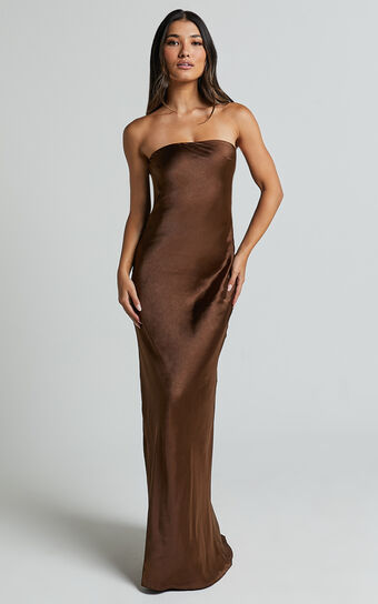 Charlita Maxi Dress - Strapless Cowl Back Satin Dress in Chocolate Showpo