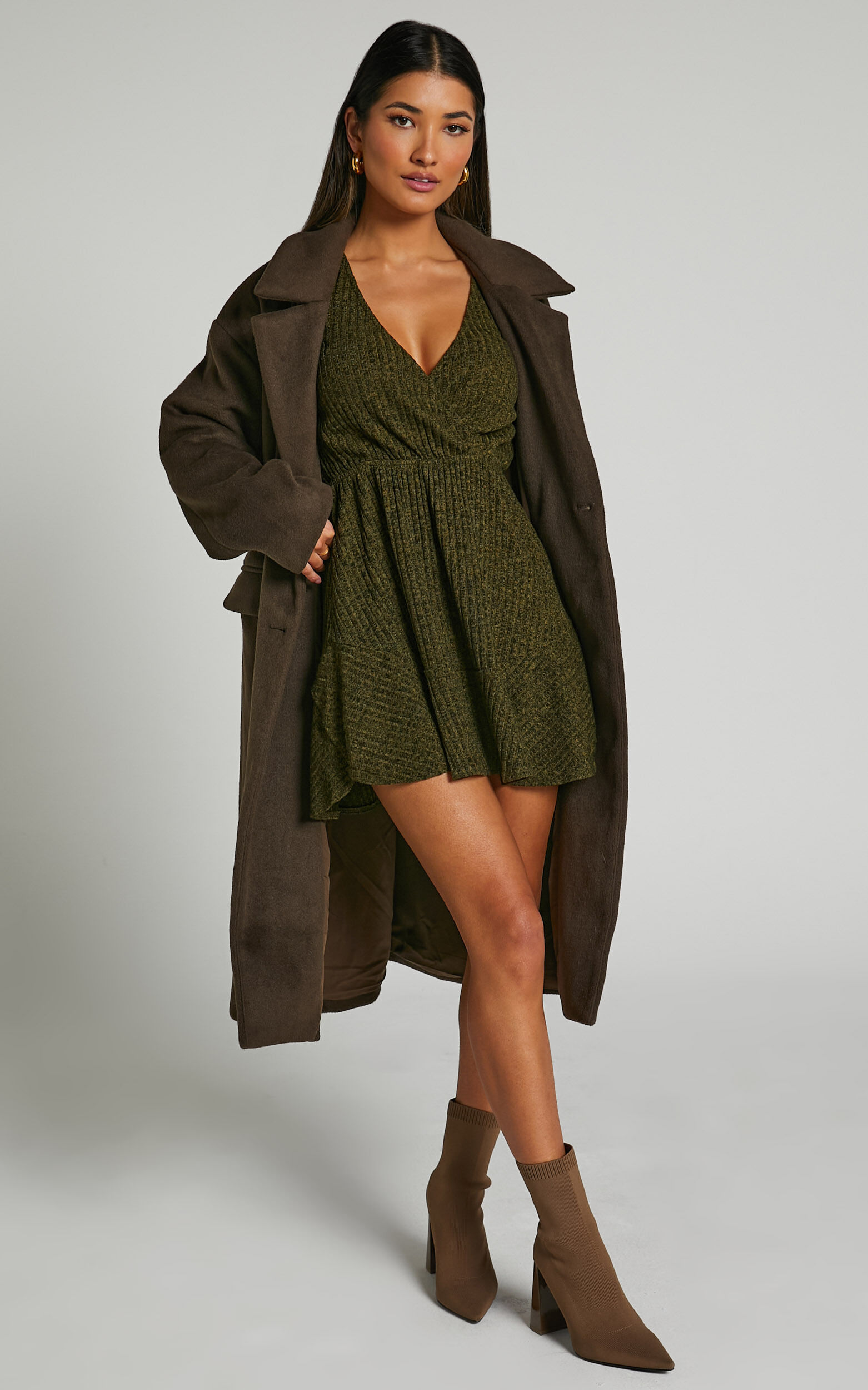 The Next Step Mini Dress Long Sleeve Dress in Khaki Showpo USA