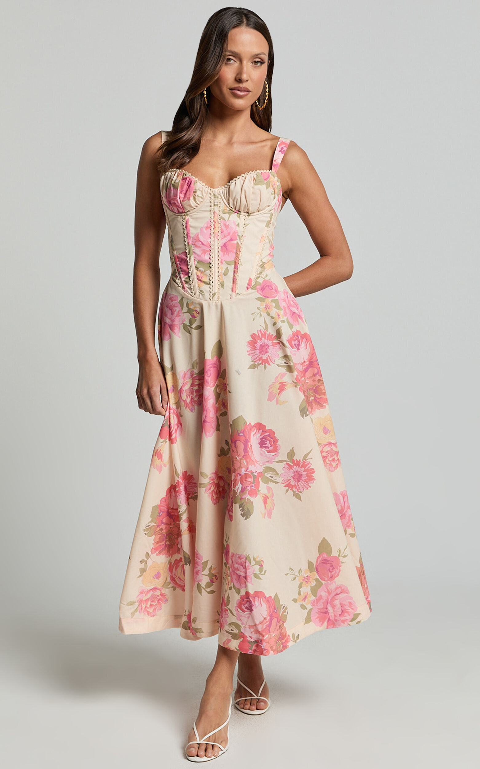 Jonas Midi Dress - Ruched Corset Lace Trim Dress in Vintage